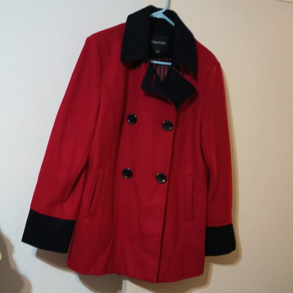 VGUC Vintage Wool Blend Pea Coat in Bright Red & Navy Blue by Nautica (Size: XL) - Picture 7 of 8